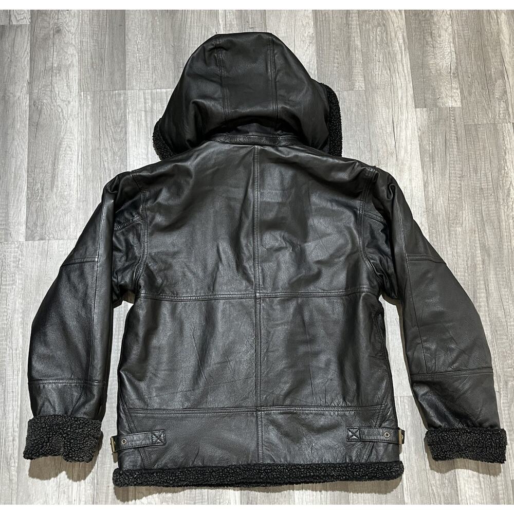 Women's Leather Limited BlackLeather Coat With Hood Faux Fur Size Extra Large - Picture 9 of 9